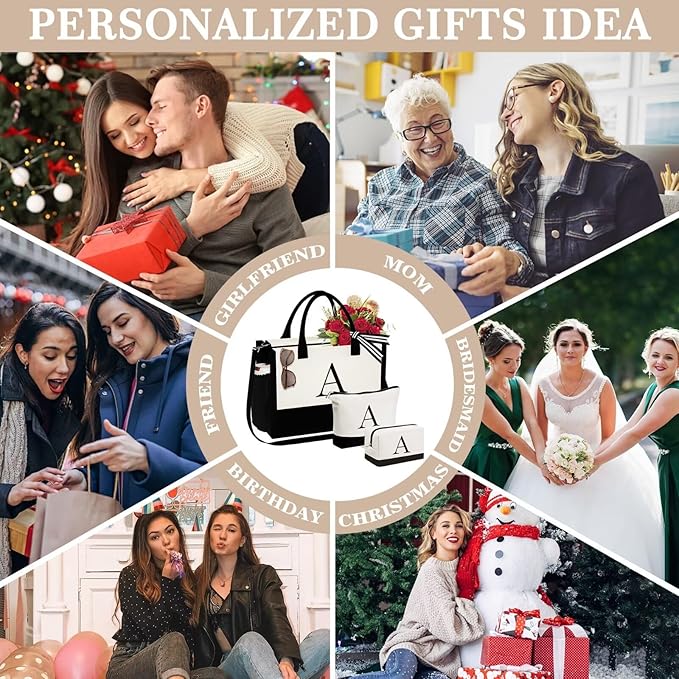 YOOLIFE Initial Canvas Tote Bag & Makeup Bag, Birthday Gifts for Women Mom Sister Friends, Bridesmaid Wedding Gifts