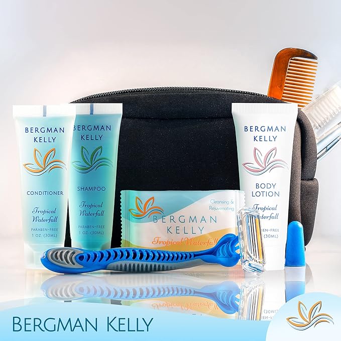 Bergman Kelly Hotel Toiletries Bundle (Tropical Waterfall, 1 oz each, 40 Pcs) 4-Piece Set: 10 Rectangular Bar Soap, 10 Shampoo, 10 Conditioner & 10 Body Lotion - Bulk Mini Guest Amenities Supply