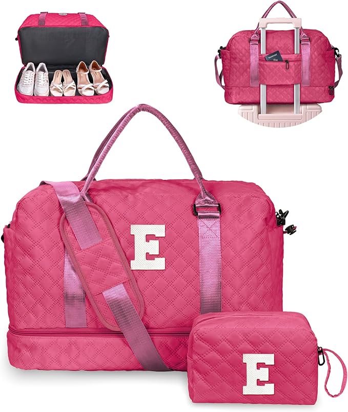 Bags for Girls, Birthday Gift-Initial Travel Bag with Shoe Compartment, Personalized Weekender Bag, Monogram Overnight Bag for Women, Letter Travel Bag with Makeup Bag (Letter E)