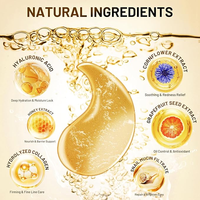 24K Gold Infused Hydrogel Eye Patches - 30 Pairs for Dark Circles, Wrinkles, Eye Bags & Puffy Eyes | Retinol & Collagen Complex, Hydrating Firming Treatment Alternative (Gold)