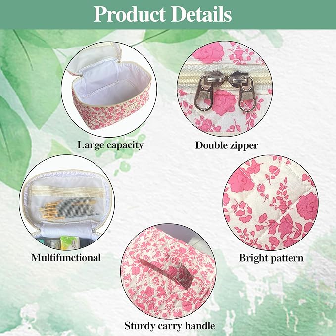 Pink Large Quilted Floral Makeup Bag Set of 3 Cute Coquette Aesthetic Cosmetic Bag Set Travel Toiletry Bag for Women