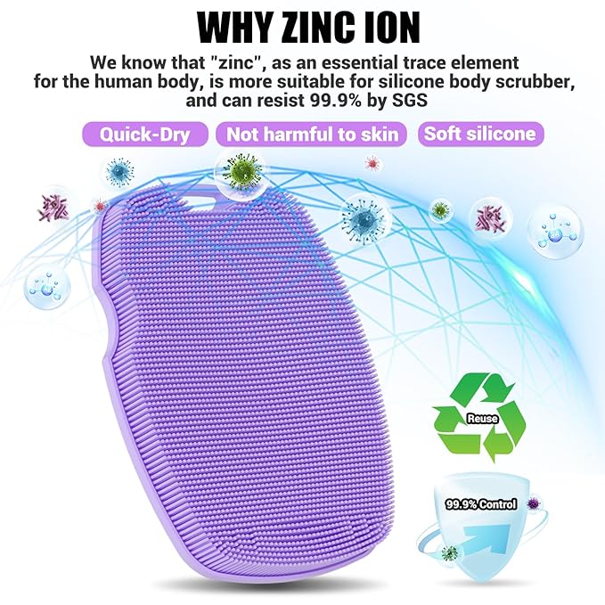Silicone Body Scrubber - Anti Zinc Infused-Highly Elastic Bristles Exfoliating Body Scrubber for Shower Body,Cellulite Reduction,Blood Circulation - Purple