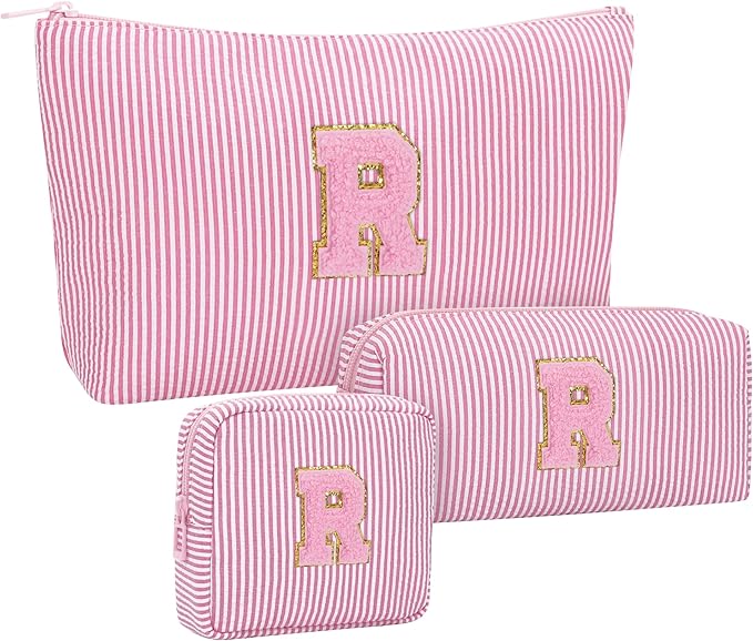 Initial Makeup Bag - Personalized Monogram Cute Makeup Bags,Make Up Case for Women Her Best Friend Friendship Sister Teacher,Birthday Gifts for Women,Girls Makeup Toiletry Bag Pouch,3PCS,Pink R
