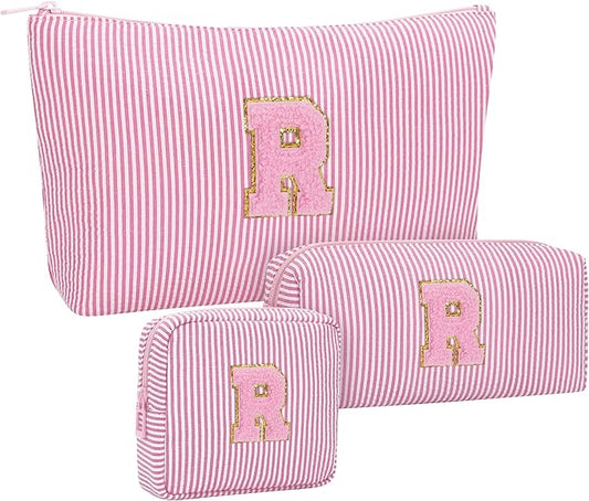 Initial Makeup Bag - Personalized Monogram Cute Makeup Bags,Make Up Case for Women Her Best Friend Friendship Sister Teacher,Birthday Gifts for Women,Girls Makeup Toiletry Bag Pouch,3PCS,Pink R