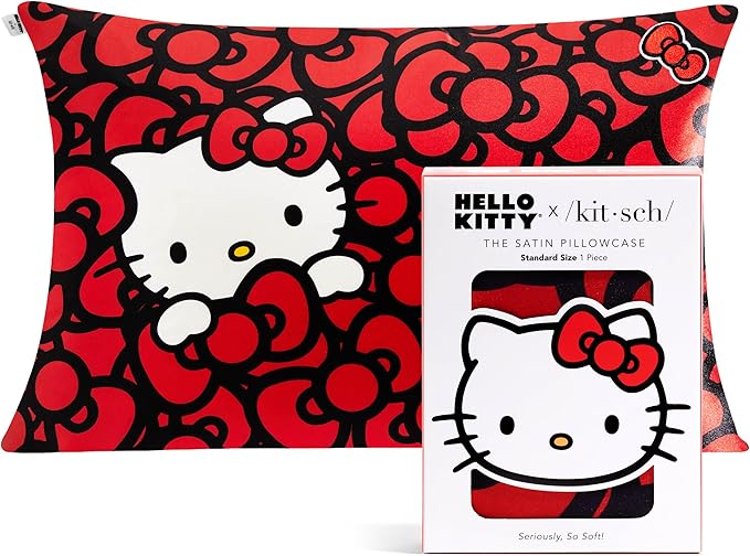 Kitsch x Hello Kitty Sea of Bows - Satin Pillowcase with Zipper for Hair and Skin, Softer Than Silk, Smooth Cooling Pillow Covers, Machine Washable - Queen/Standard Size (19x26)