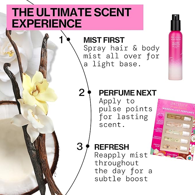 Pacifica Beauty, Wanderlust Spray Perfume Trial Set, Island Vanilla, 5 Scents, Fragrance Sampler Gift Set, Natural & Essential Oils, Clean, Vegan & Cruelty Free