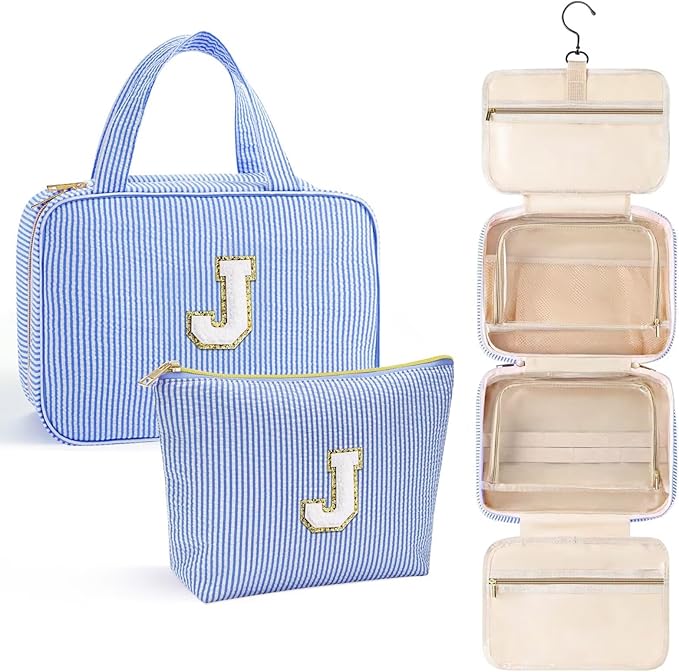 YOOLIFE Travel Toiletry Bag Makeup Bag - Hanging Toiletry Bag for Women, Portable Toiletries Travel Bag and Cosmetic Bag, Airplane Travel Essentials Travel Toiletry Bag - Letter J, Blue