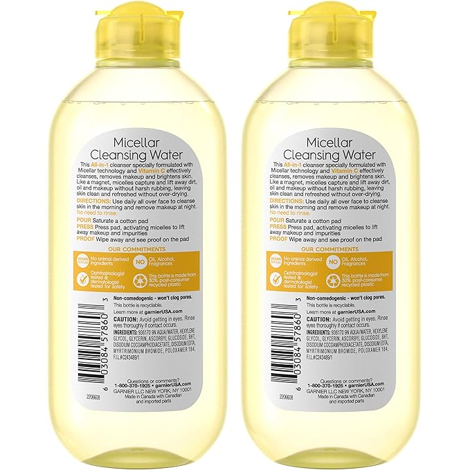 Garnier Micellar Water with Vitamin C, Facial Cleanser & Makeup Remover, Brightening & Hydrating, For All Skin Types, Vegan, Cruelty Free, 13.5 Fl Oz (400mL), 2 Count