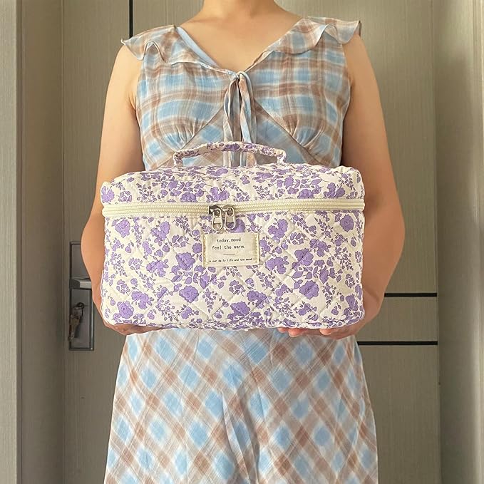 Purple Large Quilted Floral Makeup Bag Cute Soft Coquette Aesthetic Cosmetic Bag Cotton Travel Toiletry Bag for Women