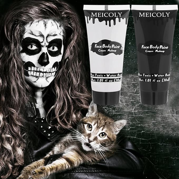 MEICOLY Black White Face Body Paint with Sponges,Water Based Face Paint for Adults Kid,White Face Paint,Face Painting for Clown Makeup,Halloween SFX Skull Zombie Skeleton Mime Goth Makeup Corpse Paint
