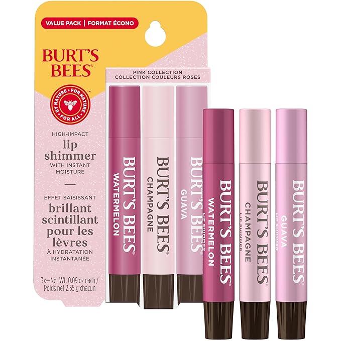Burt's Bees Christmas Gifts, Lip Shimmer Pink Collection, Tinted Lip Balm Stick, Moisturizing for Hydration with Natural Glowy Pigmented Finish & Buildable Color, Value Pack, 3 Tubes x 0.09 Oz