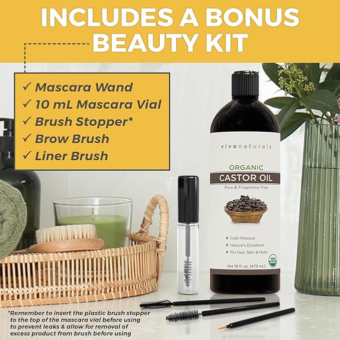 Viva Naturals Organic Castor Oil, Cold-Pressed, 16 fl oz – For Face, Hair, Eyelashes, USDA Organic, Non-GMO - With Beauty Kit