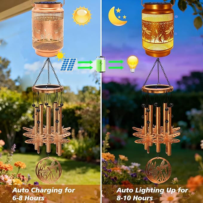 Dragonfly Solar Wind Chimes for Outside, Gifts for Christmas Mom Women Grandma Birthday Memorial Teacher, 32" Windchimes Outdoor Decor Hanging Solar Lantern for Garden Porch Patio Backyard