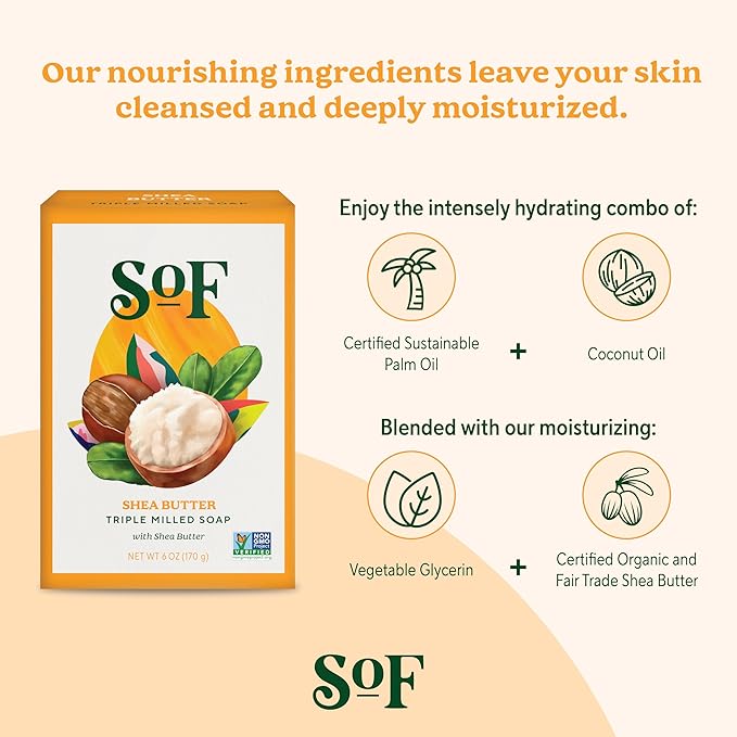 SoF Triple Milled Bar Soap - With Coconut Oil & Organic Shea Butter- Vegan & Non GMO- Free From Phthalates, Sulfates & Parabens- Shea Butter - 6 oz Bar 4 Bars