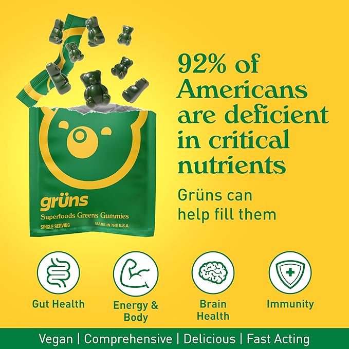 Gruns Adults Super Greens Multivitamin Gummies, Superfood Vitamin Gummy Bears with Spirulina, Chlorella, Prebiotic Fiber for Digestive Health, Adaptogens Supplement, 20 Vitamins & Minerals, 28 Count