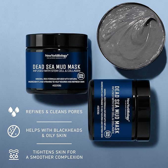New York Biology Dead Sea Mud Mask for Face & Body | with Stem Cell and Collagen | Face Mask, Brush Applicator, Towel | Spa Quality Pore Refiner for Oily Skin | Natural Skincare for Women & Men | 4 oz
