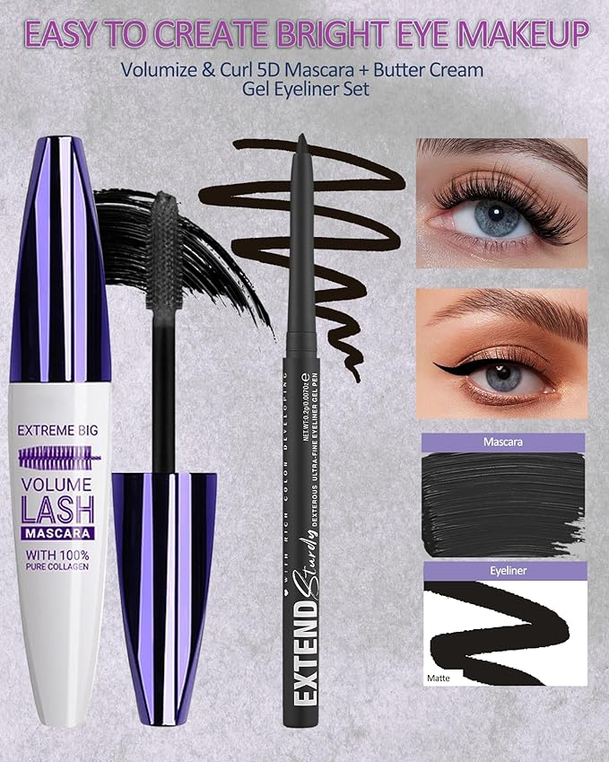 Black Mascara and Black Eyeliner Set,5D Waterproof Mascara Volume and Length Natural Lengthening Curling, Smudge Proof Eyeliner Pencil,Natural Eye Makeup Gift Kit for Women in Halloween Set-04