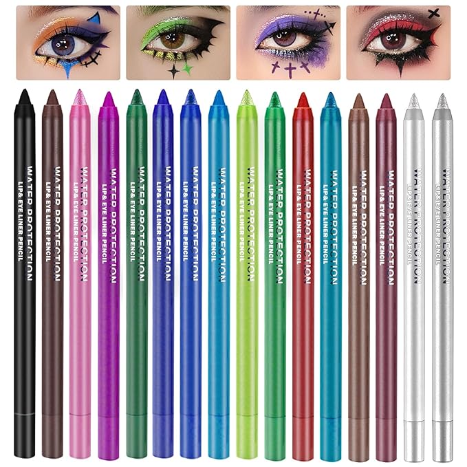 16 Colored Eye Liner Pencils for Women,Purple Green Blue Metallic Eyeliner Pen Set,delineador de ojos contra el agua,Multi-Function and Professional Pencil Eyeliner Makeup