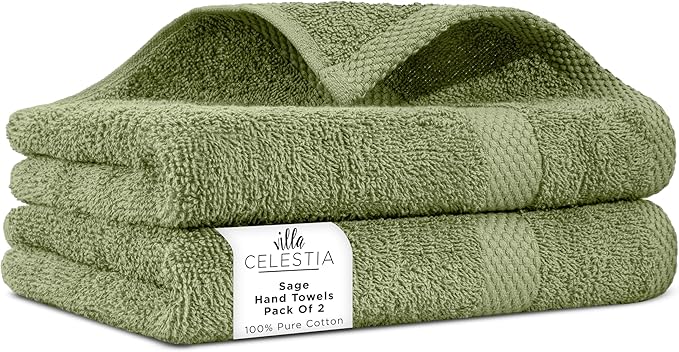 100% Cotton Hand Towel Set of 2, (16 x 28 inches) Sustainable, Soft, Highly Absorbent, Quick Drying, Combed Cotton Hand Towels Pack of 2 Ideal for Hotels, Spa, Bathroom, Dorm, Sage