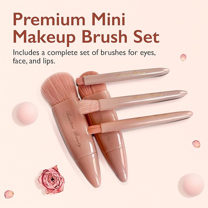 Travel Makeup Brushes Set, Easy Taken 5pcs Mini Makeup Brushes Kit with mirror, ON-THE-GO, Makeup Set for Beauty Blender, Get Glam On-the-Go! brown