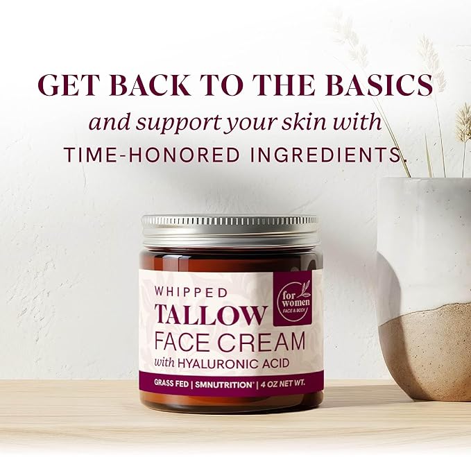 Beef Tallow Face Moisturizer for Women | With Hyaluronic Acid | Hydrating Whipped Beef Tallow for Skin Care for Women | With Jojoba & Sweet Almond Oil | Paraben & Cruelty-Free, Non-GMO | 4 oz