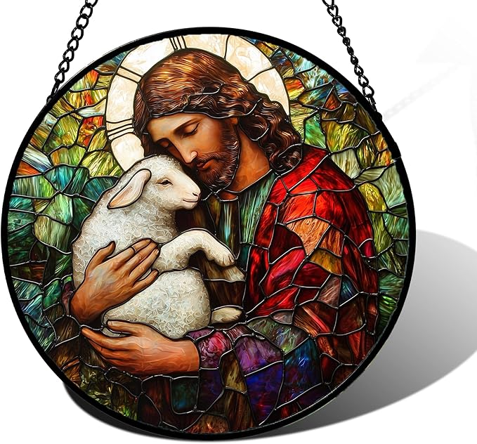 Stained Glass Window Hanging, Jesus Little Lamb Sun Catchers Colorful Glass Panel Christianity Suncatcher Decor for Birthday for Women, Men, Wife, Aunt, and Mom 7.8 in