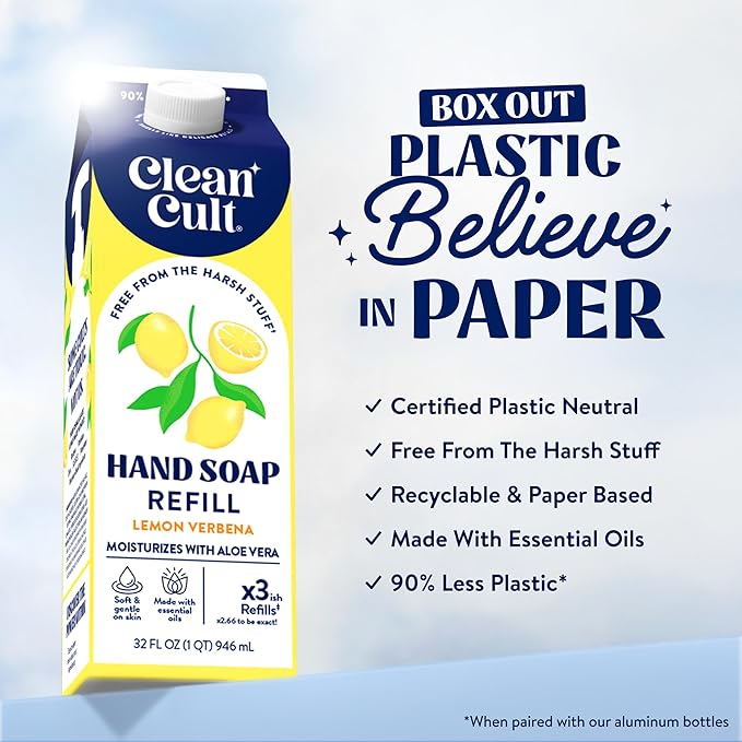 Cleancult Liquid Hand Soap Refills - Lemon Verbena - Moisturizes Dry & Sensitive Skin - Made with Aloe Vera & Essential Oils - Eco Friendly - Paper-Based Packaging - 32 oz/2 Pack