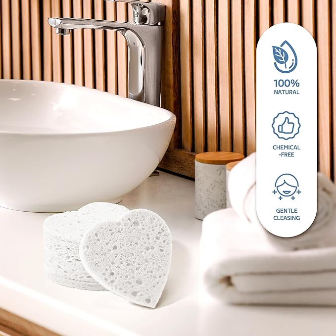 50-Count Heart Shape Compressed Facial Sponges for Daily Facial Cleansing and Exfoliating, 100％ Natural Cosmetic Spa Sponges for Makeup Remover, White