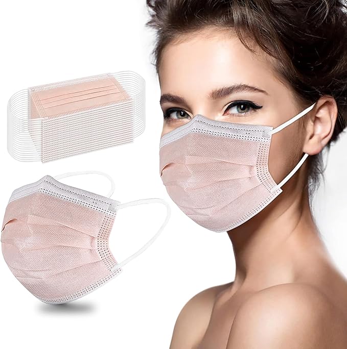 akgk Disposable Face Masks 100Pcs, 3 Layer Protective Face Mask Blush Pink Face Masks