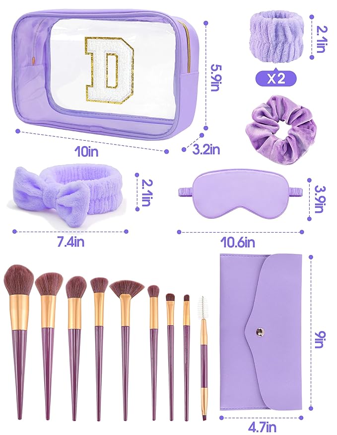 Gift Sets for Women, Initial Makeup Bag with Makeup Brush Set Bachelorette Party Favors, Purple Spa Kit with Skincare Headbands Wrist Bands Sleepover Party Supplies Gifts for Teen Girls Bridesmaid D