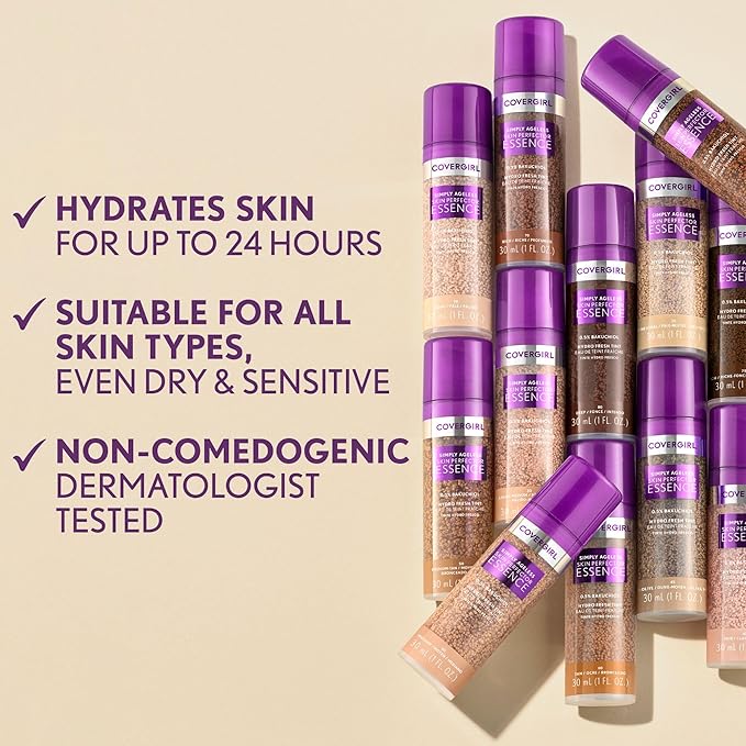 Covergirl Simply Ageless Skin Perfector Essence Foundation, 50 Medium-Tan, Tinted Skin Perfector, Skincare Makeup Hybrid with Blending Foundation Brush