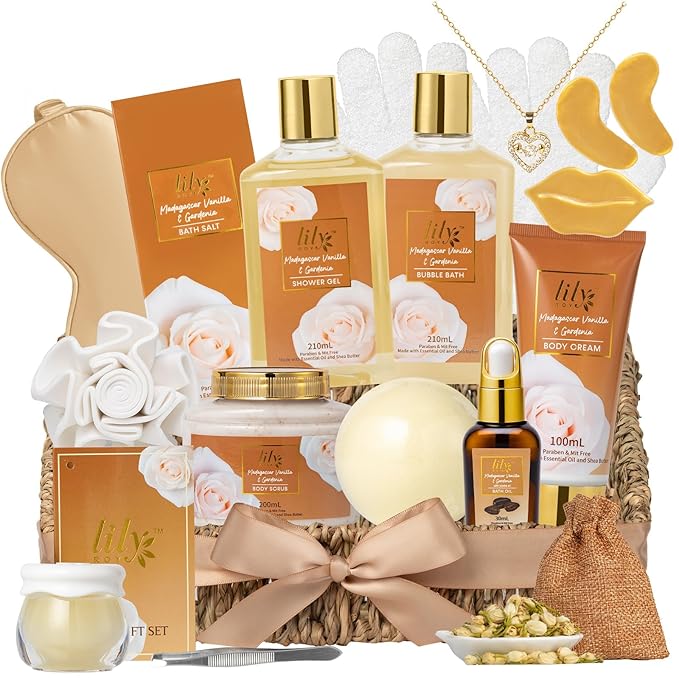 18Pcs Bath and Body Gift Basket Set for Women - Vanilla Spa Baskets Spa Kit with Necklace | Perfect Gifts for Christmas, Valentines Day, Mothers Day, Birthday Gifts, Self Skin Care Gifts for Her/Mom