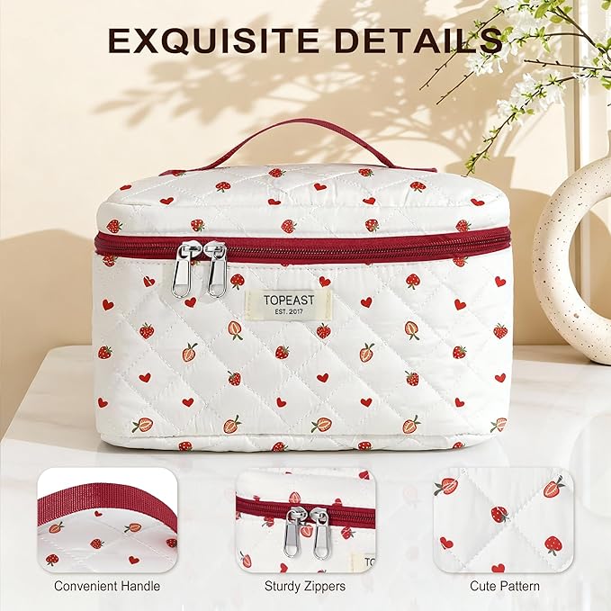 TOPEAST Makeup Bag for Women Girl, 3Pcs Large Cotton Travel Make up Organizer, Quilted Brush Toiletry Pouch Portable Cosmetic Bags with Big Compartment Zipper, Strawberry