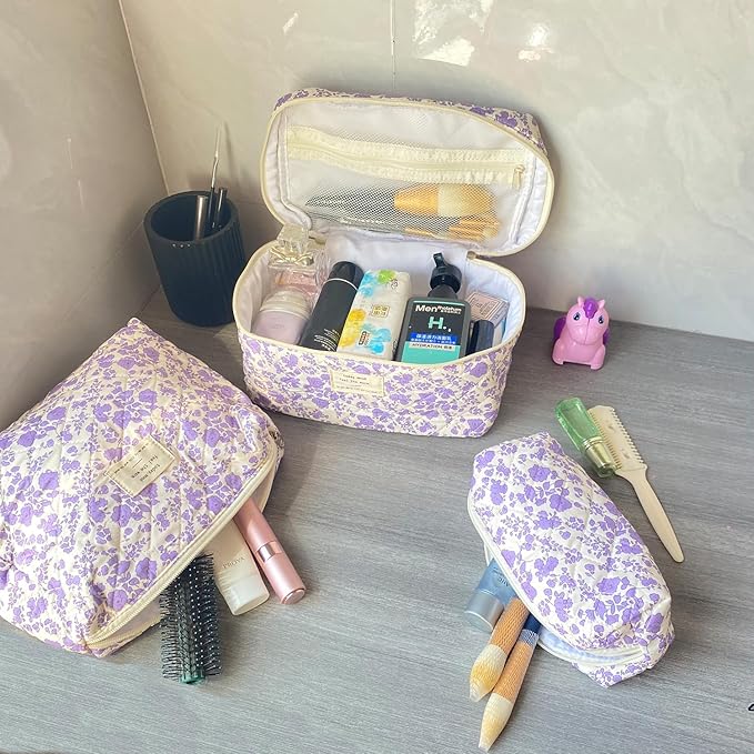 Purple Large Quilted Floral Makeup Bag Set of 3 Cute Coquette Aesthetic Cosmetic Bag Set Travel Toiletry Bag for Women