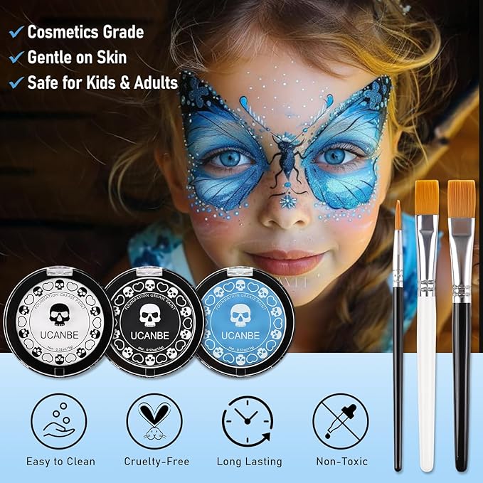 White Black & Light Blue Face Body Paint for Halloween Sally & Corpse Bride Makeup, Non-Toxic Face Painting Kit with Brushes for Kids Adults Smurf Avatar Mermaid & Demon Costume Cosplay SFX Make Up