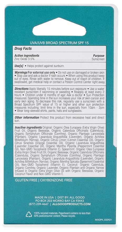 All Good Organic SPF15 Lip Balm - Hydrating Lip Care with Olive Oil, Beeswax, Calendula, Lavender, Vitamin E - Lip Moisturizer with Zinc Oxide Protection - Original, Spearmint & Coconut (3-pack)