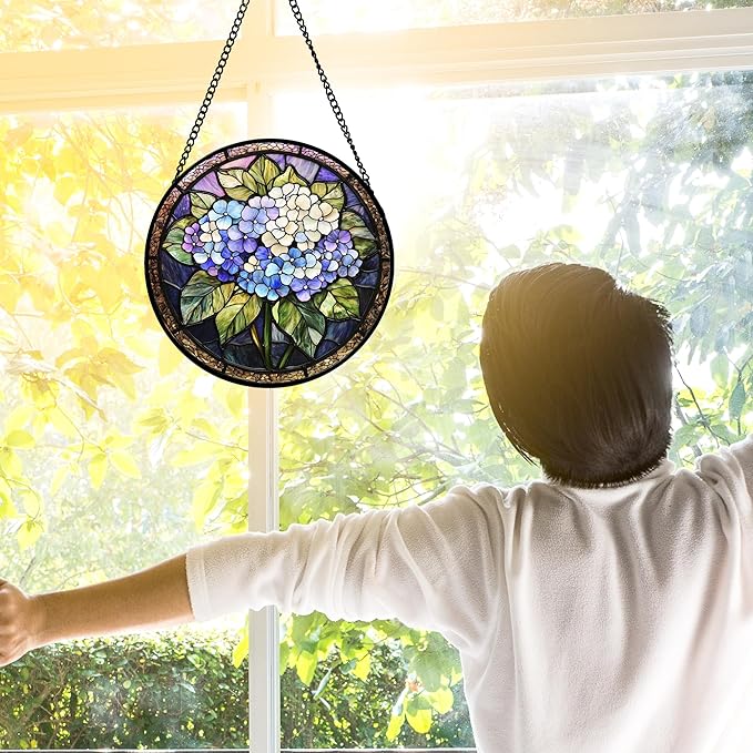Stained Glass Window Hanging, Hydrangea Flowers Sun Catchers Diamond Glass Panel Hangings Plant Suncatcher Decor for Birthday for Women, Men, Wife, Aunt, and Mom 6.3 in