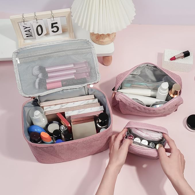 MAGEFY Small Makeup Bag for Purse Mini Cosmetics Bag Corduroy Cute Cosmetic Pouch for Women with Slip-in Pockets