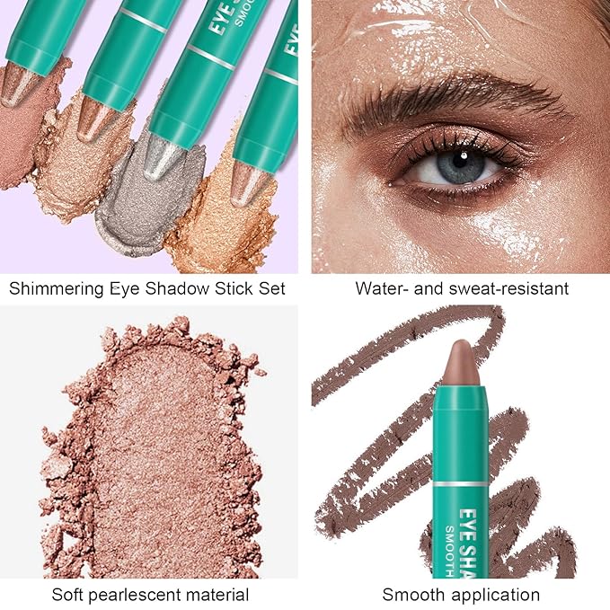 4Pcs Eyeshadow Stick, Eye Brightener Stick, Shimmer Creamy Eye Shadow Makeup, Waterproof Long Lasting Glitter Highlighter Eye Liner Pencil (4PCS A)