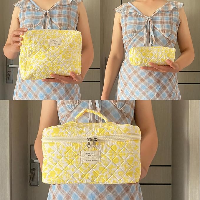 Yellow Large Quilted Floral Makeup Bag Set of 3 Cute Coquette Aesthetic Cosmetic Bag Set Travel Toiletry Bag for Women