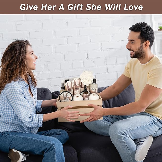 Bath Spa Gift Sets - Luxury Basket With Coconut & Vanilla - Spa Kit Includes Wash, Bubble Bath, Lotion, Bath Salts, Body Scrub, Body Spray, Shower Puff, Bathbombs, Soap and Towel