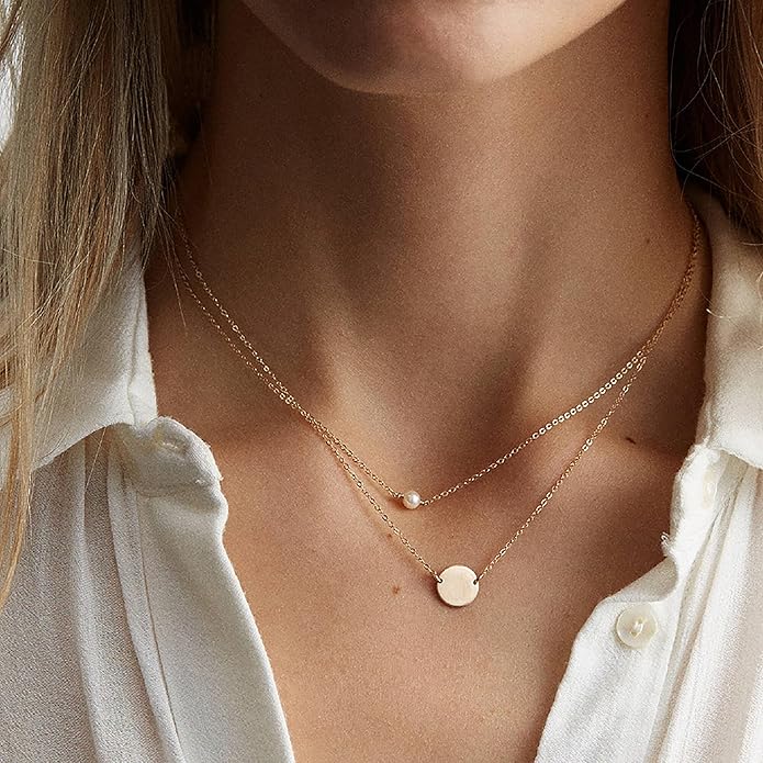 Dainty Gold Heart Necklace for Women - 14K Gold/Silver Plated Cute Heart Handmade Disc Circle Bee Choker Adjustable Necklace for Women Trendy Jewelry