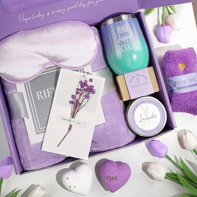 Gifts for Women, Unique Birthday Gifts for Women, Lavender Relaxing Spa Gifts Basket Get Well Soon Care Package with Luxury Flannel Blanket for Mom Her Best Friends Sister