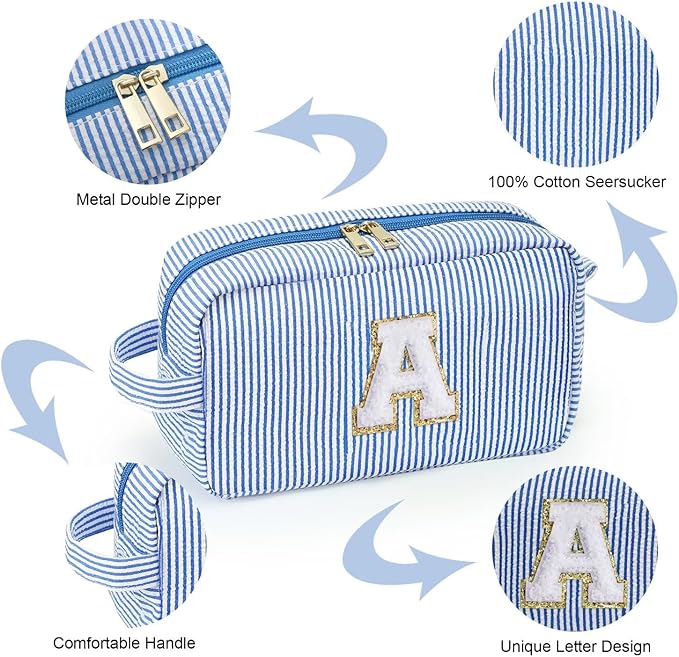 YOOLIFE Initial Cosmetic Bag for Women - Monogram Cute Initial Blue Makeup Bags Toiletry Pouch Make Up Case for Women Her Best Friend Friendship Sister Teacher, Personalized Birthday Gifts for Women O