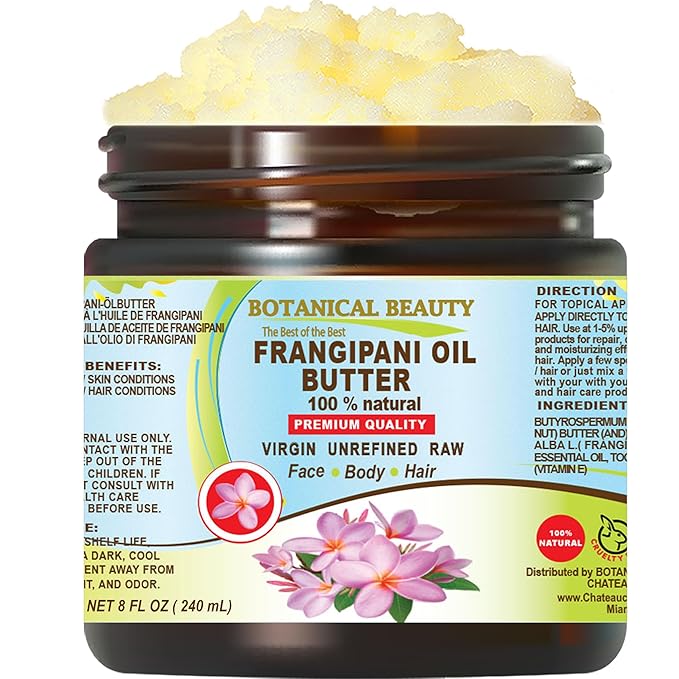 Botanical Beauty FRANGIPANI OIL BUTTER 100% Natural. Frangipani Essential Oil in Shea Nut Butter for FACE, SKIN, BODY, HAIR, NAILS. Beauty Skin Moisturizer Oil Butter. (8 Fl Oz)