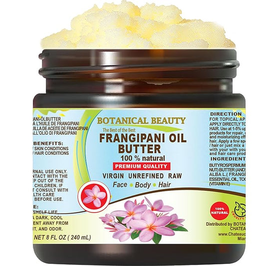 Botanical Beauty FRANGIPANI OIL BUTTER 100% Natural. Frangipani Essential Oil in Shea Nut Butter for FACE, SKIN, BODY, HAIR, NAILS. Beauty Skin Moisturizer Oil Butter. (8 Fl Oz)