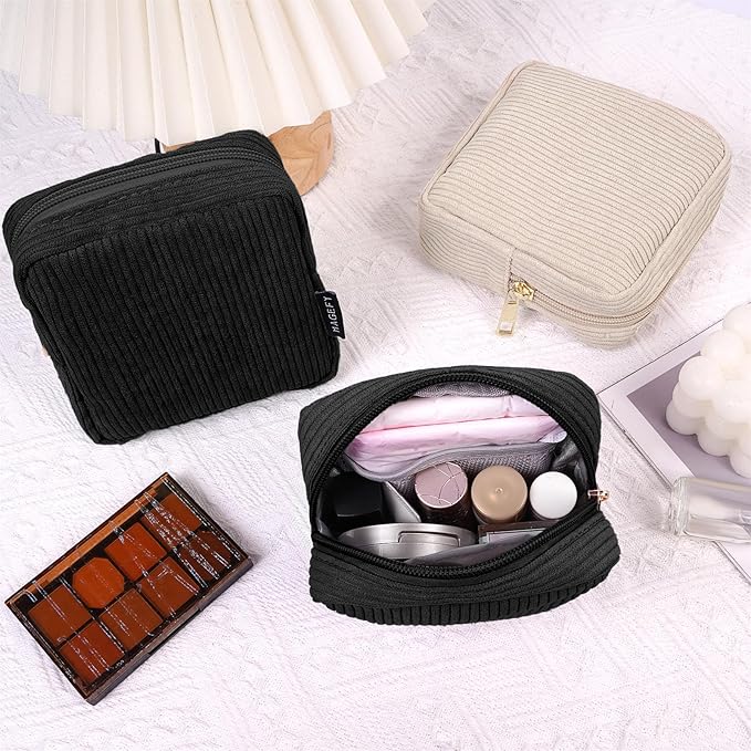 MAGEFY Small Makeup Bag for Purse Mini Cosmetics Bag Corduroy Cute Cosmetic Pouch for Women with Slip-in Pockets