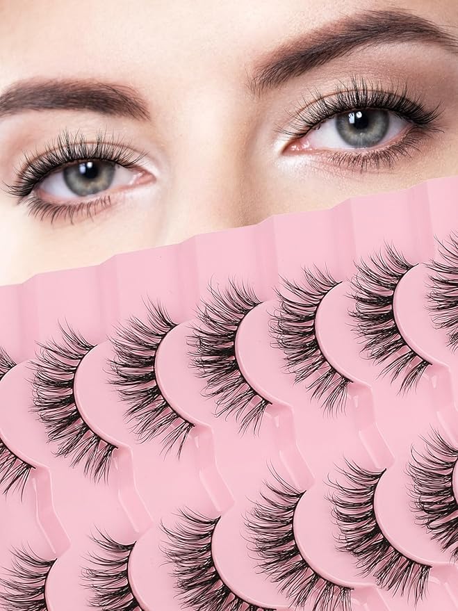 Natural Lashes False Eyelashes 17MM Wispy Lashes 3D Volume Strip Eyelashes C Curl False Eye Lashes 0.1MM Thin Band Fluffy Lashes Pack Siligli 7 Pair Lash Eyelash