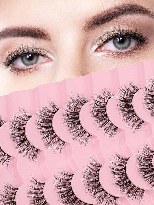 Natural Lashes False Eyelashes 17MM Wispy Lashes 3D Volume Strip Eyelashes C Curl False Eye Lashes 0.1MM Thin Band Fluffy Lashes Pack Siligli 7 Pair Lash Eyelash