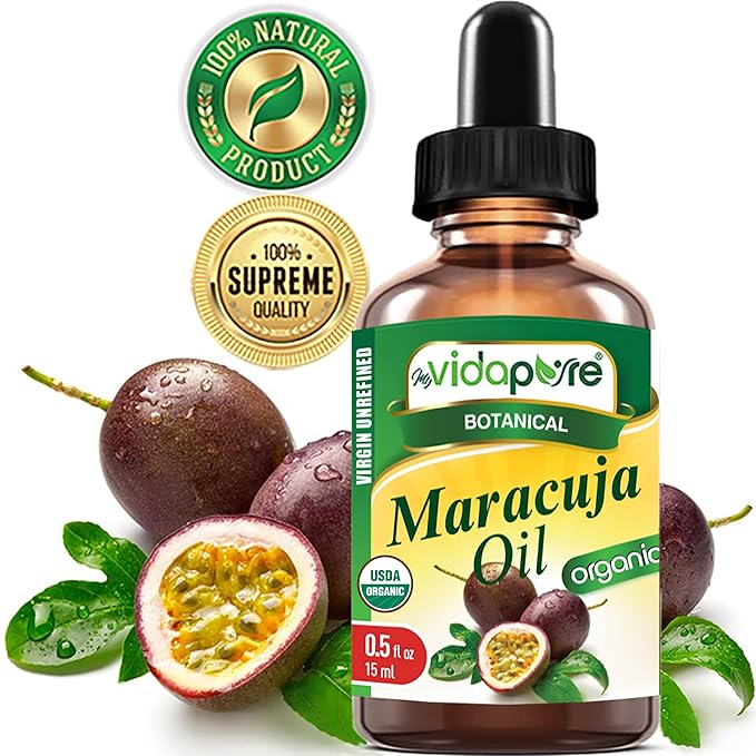 MYVIDAPURE Organic MARACUJA OIL Passion Fruit Certified Organic 100% Natural, Pure WILD GROWTH VIRGIN UNREFINED Brazilian for Skin, Face, Hair, Lip and Nail Care (0.5 Fl Oz)